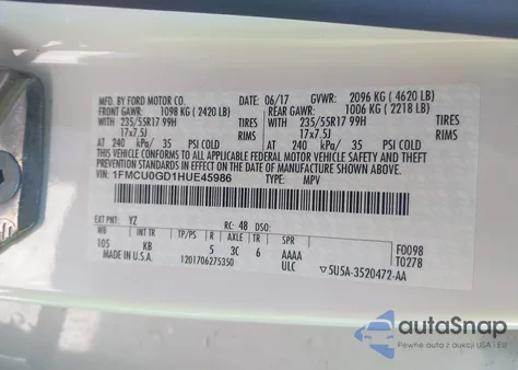 2017 Ford Escape Se z USA, uszkodzony, nr VIN 1FMCU0GD1HUE45986